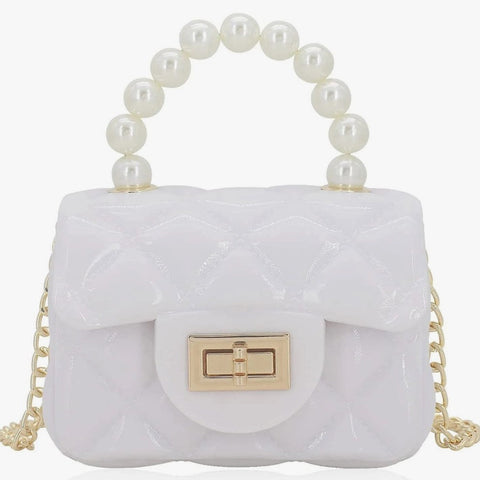 Mini Patent Quilted Leatherette Candy Colored Purse/Handbag - Pearl Handle & Cloud White
