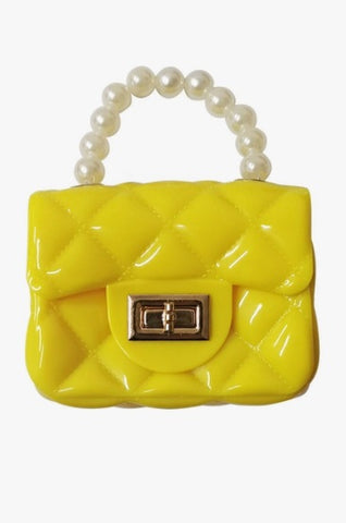 Mini Patent Quilted Leatherette Candy Colored Purse/Handbag - Pearl Handle & Gloss Yellow