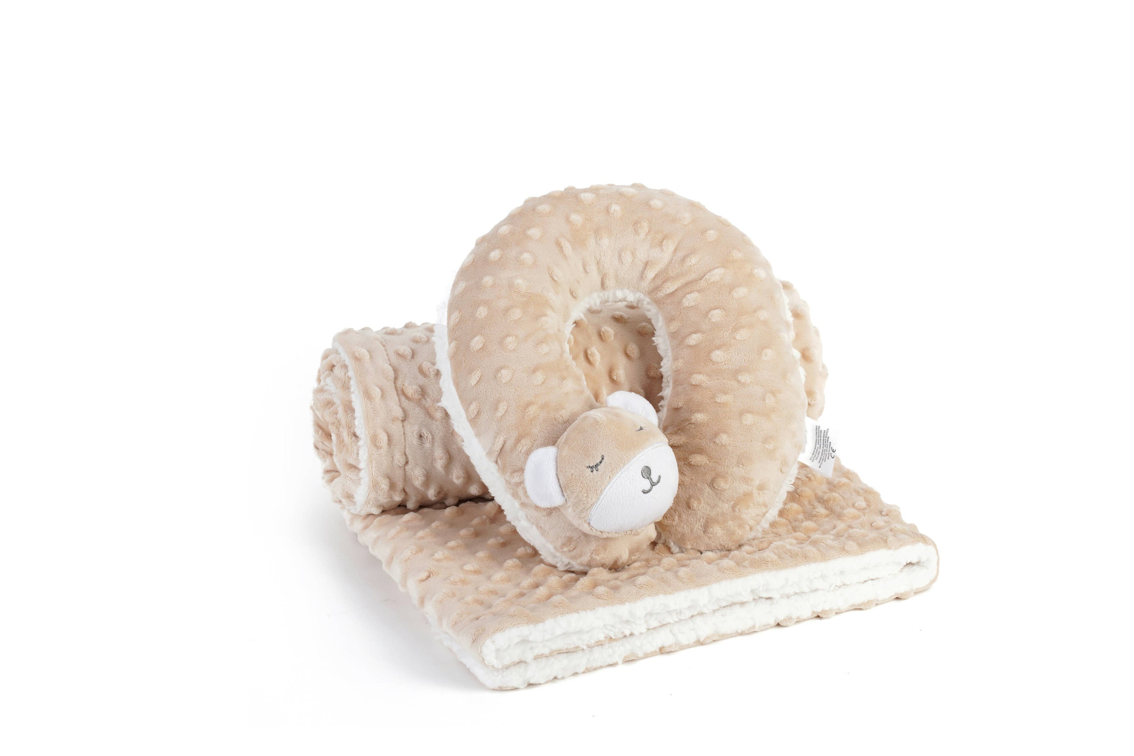 Minky Sleepy Plush Baby Blanket with Plush Neck Pillow: Beige Bear