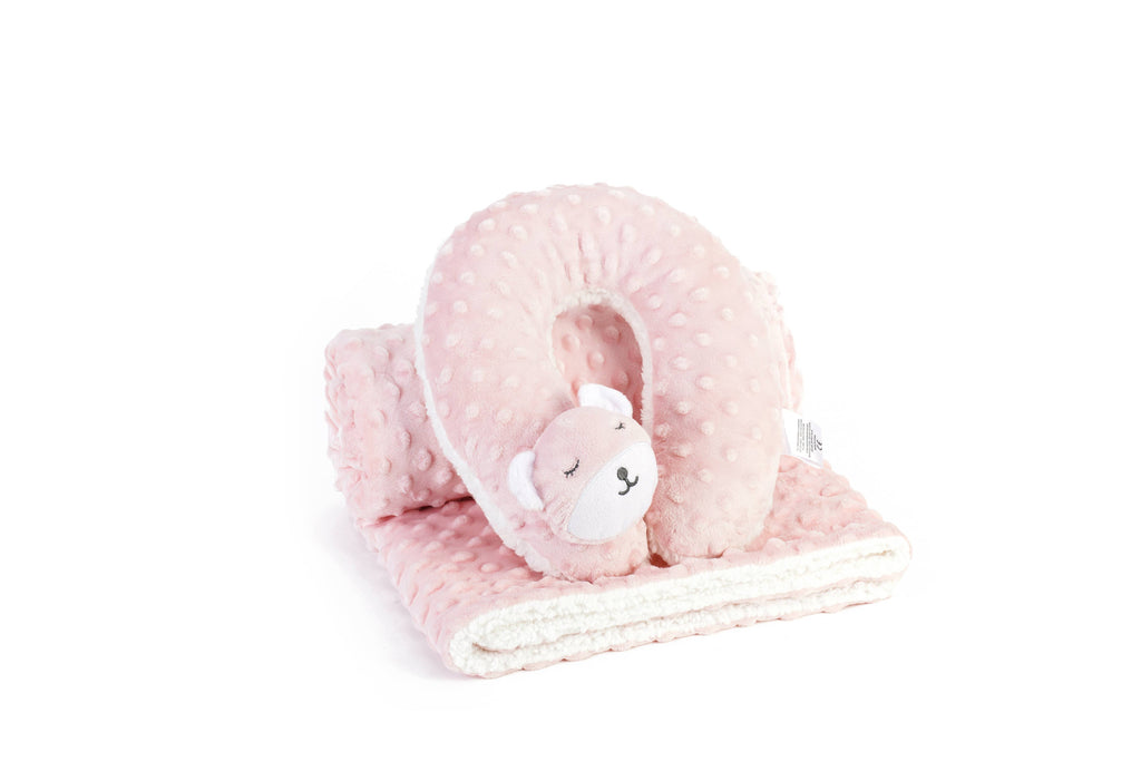 Minky Sleepy Plush Baby Blanket with Plush Neck Pillow: Pink Bear