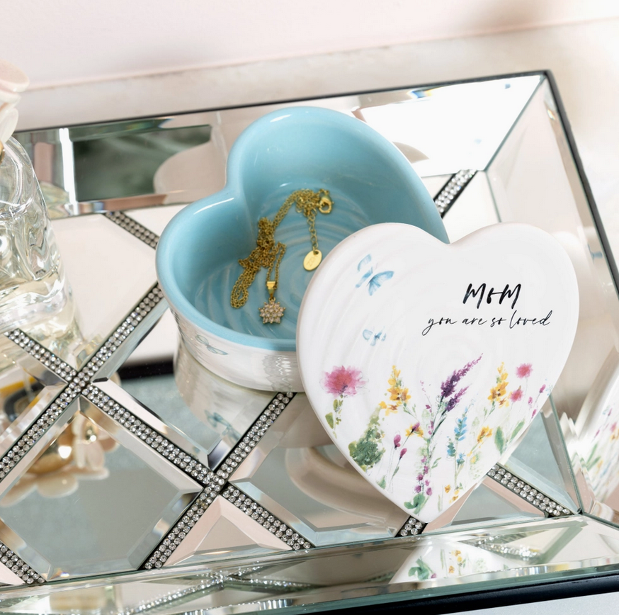 Mom Ceramic Keepsake Trinket Box - Heart Floral