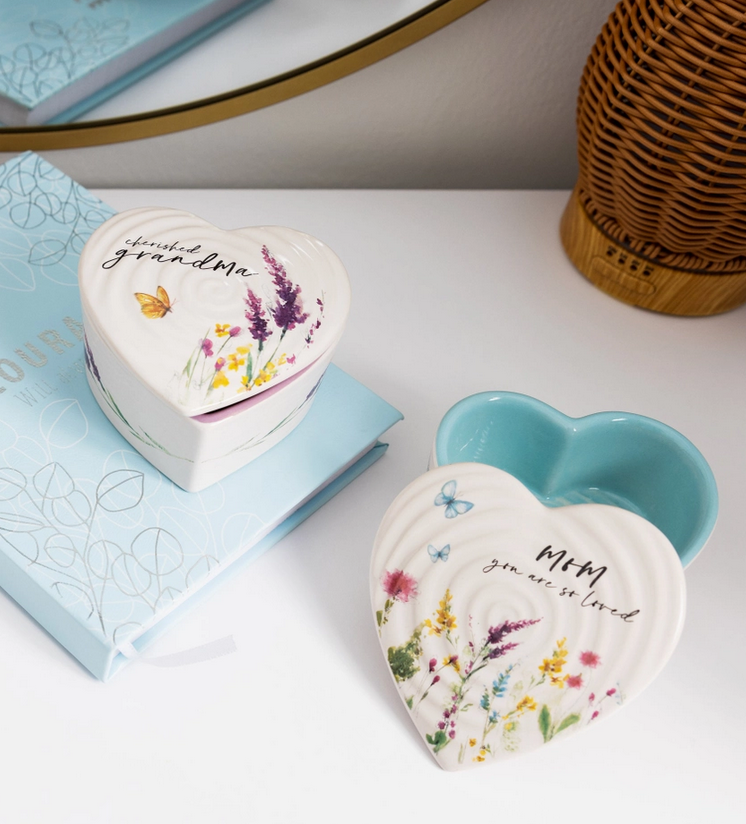 Mom Ceramic Keepsake Trinket Box - Heart Floral