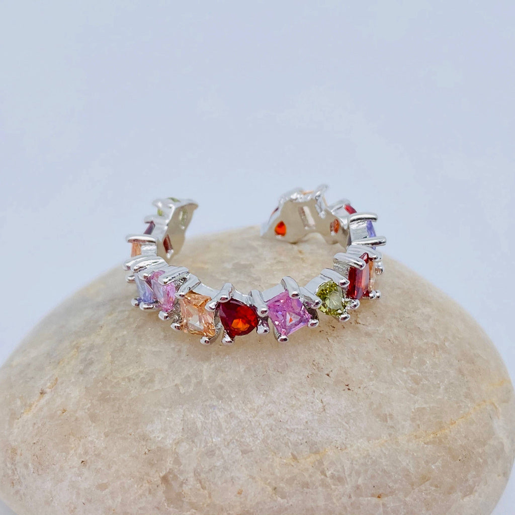 Multi Gem CZ Silver Adjustable Ring