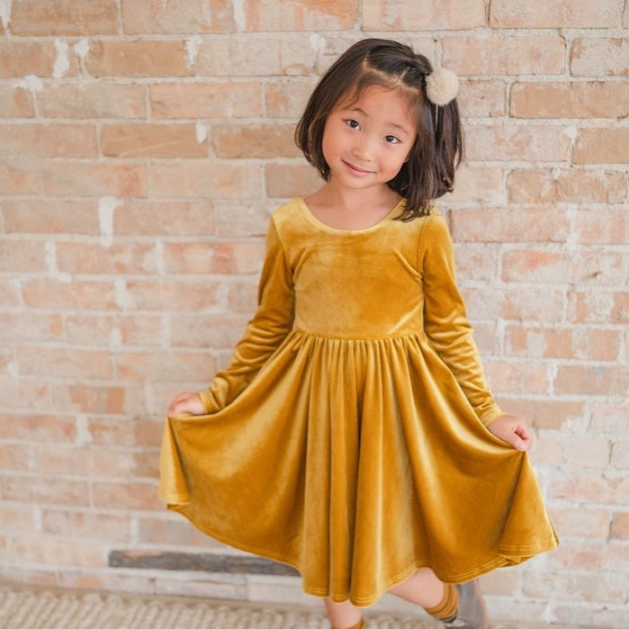 Holiday golden velvet ballet back twirl dress with pockets