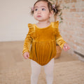 Golden velvet bubble romper, long sleeve ruffled shoulder