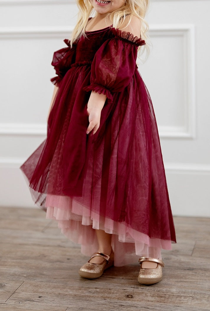 Ollie Jay Velvet Layered Ombre Tulle Gown - Everly Wine & Pink