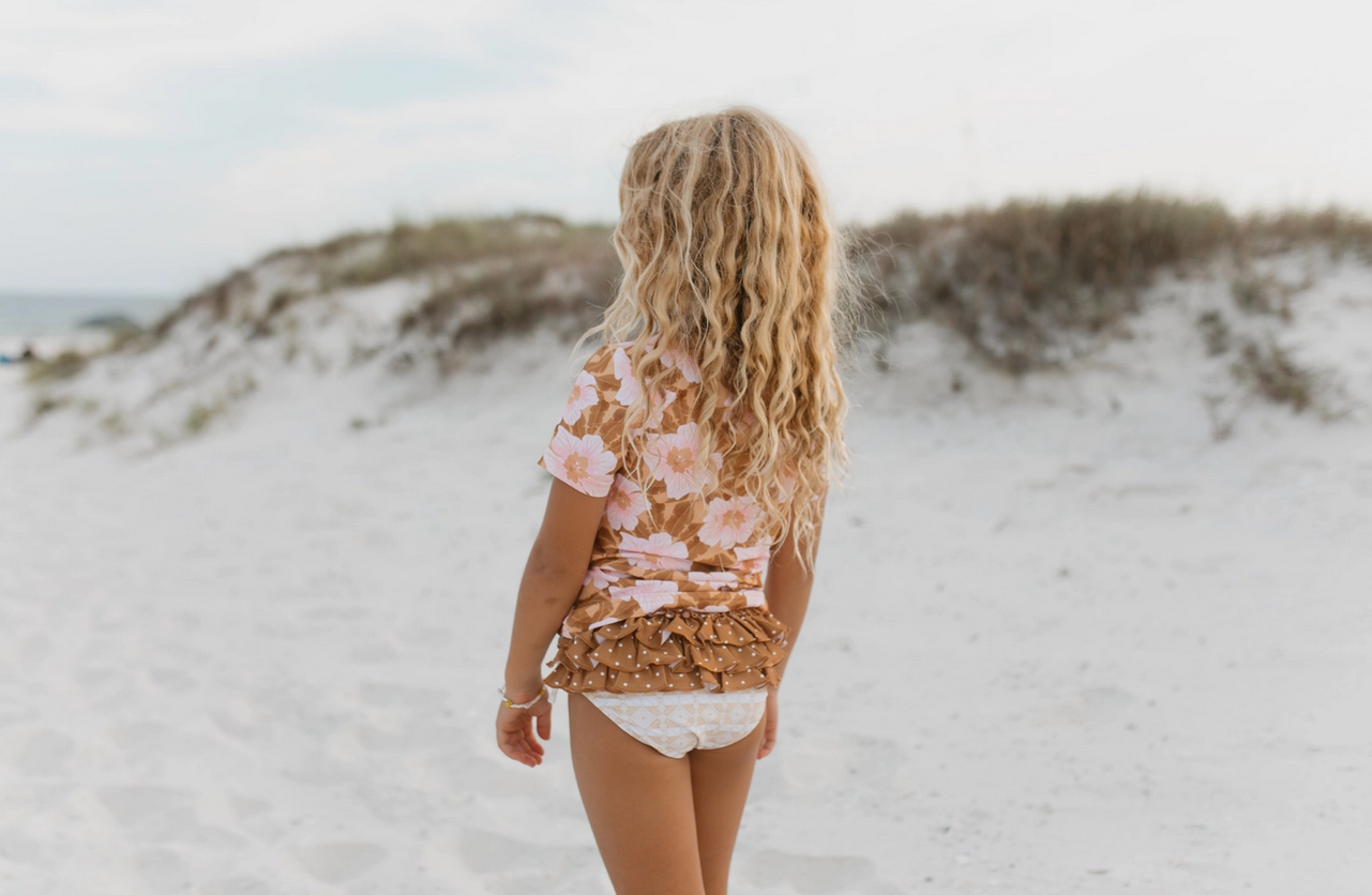 Oopsie Swim 2PC S/S Rashguard & Ruffled Bottom Set  - Pink & Tan Tropical