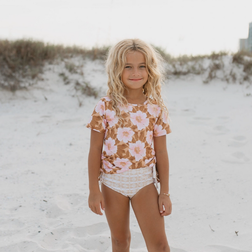 Oopsie Swim 2PC S/S Rashguard & Ruffled Bottom Set  - Pink & Tan Tropical