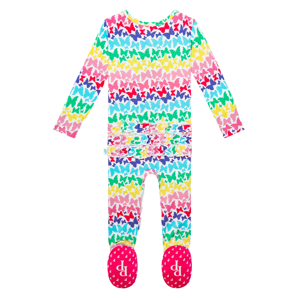 Posh Peanut Bamboo RUFFLED Zippered Footie -  Rainbow Butterfly