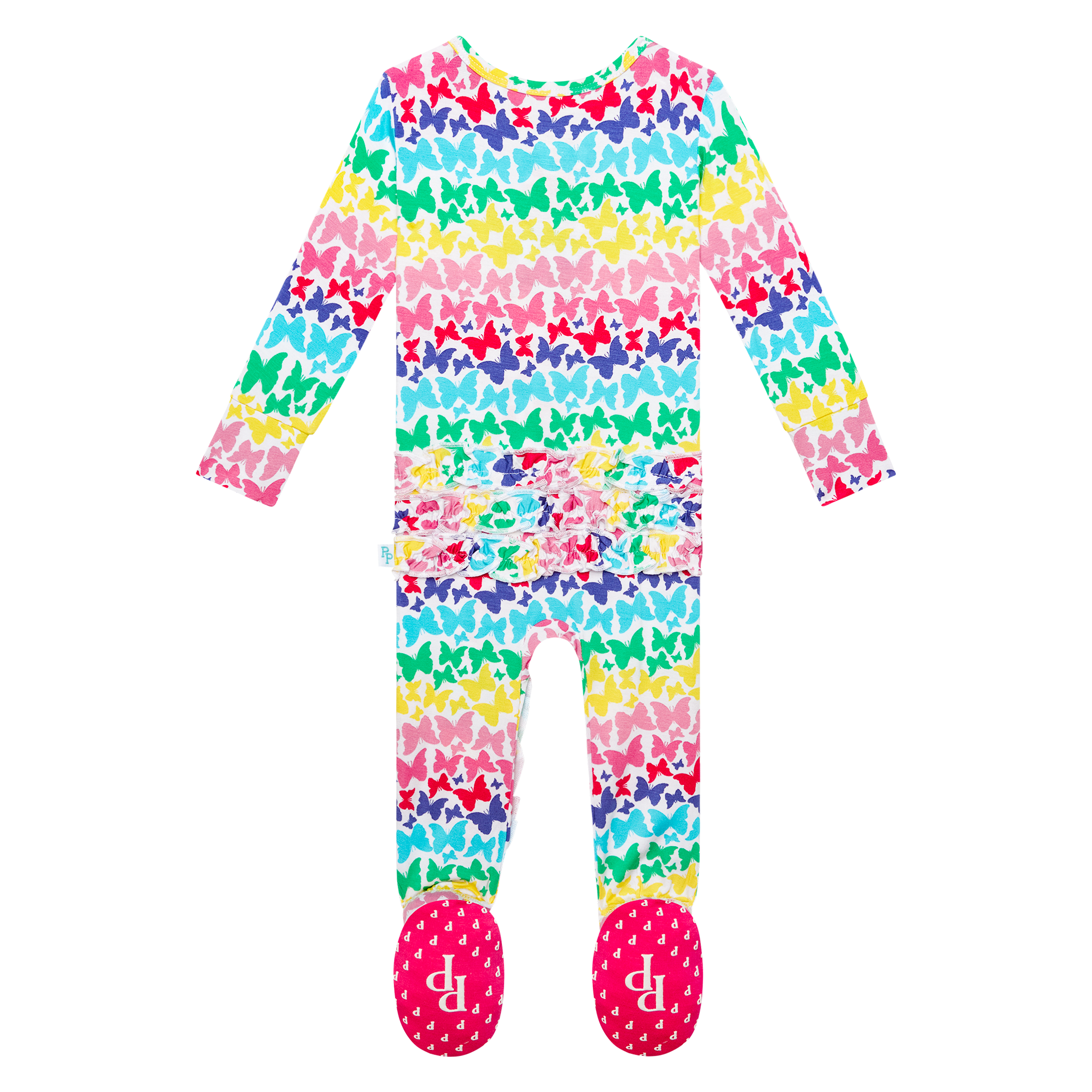 Posh Peanut Bamboo RUFFLED Zippered Footie -  Rainbow Butterfly