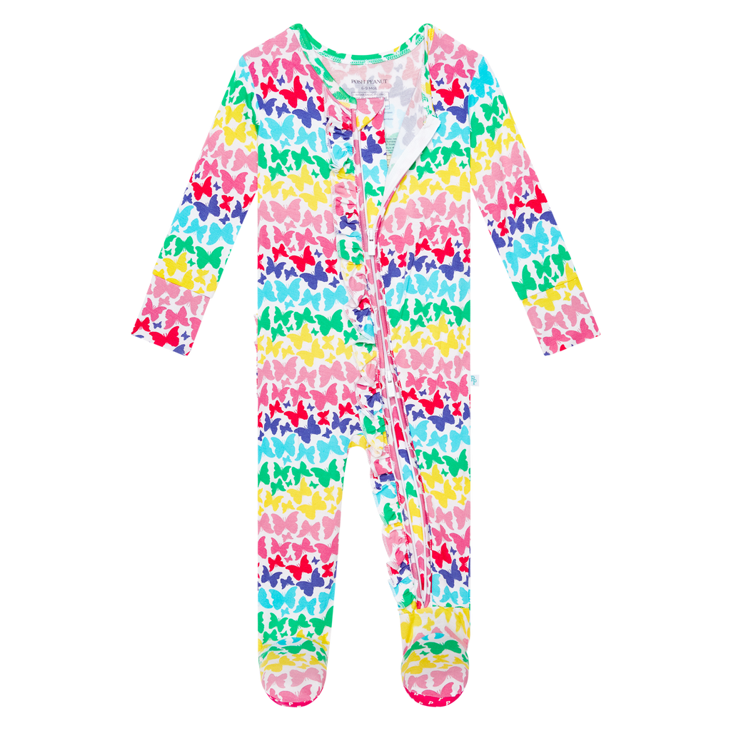 Posh Peanut Bamboo RUFFLED Zippered Footie -  Rainbow Butterfly