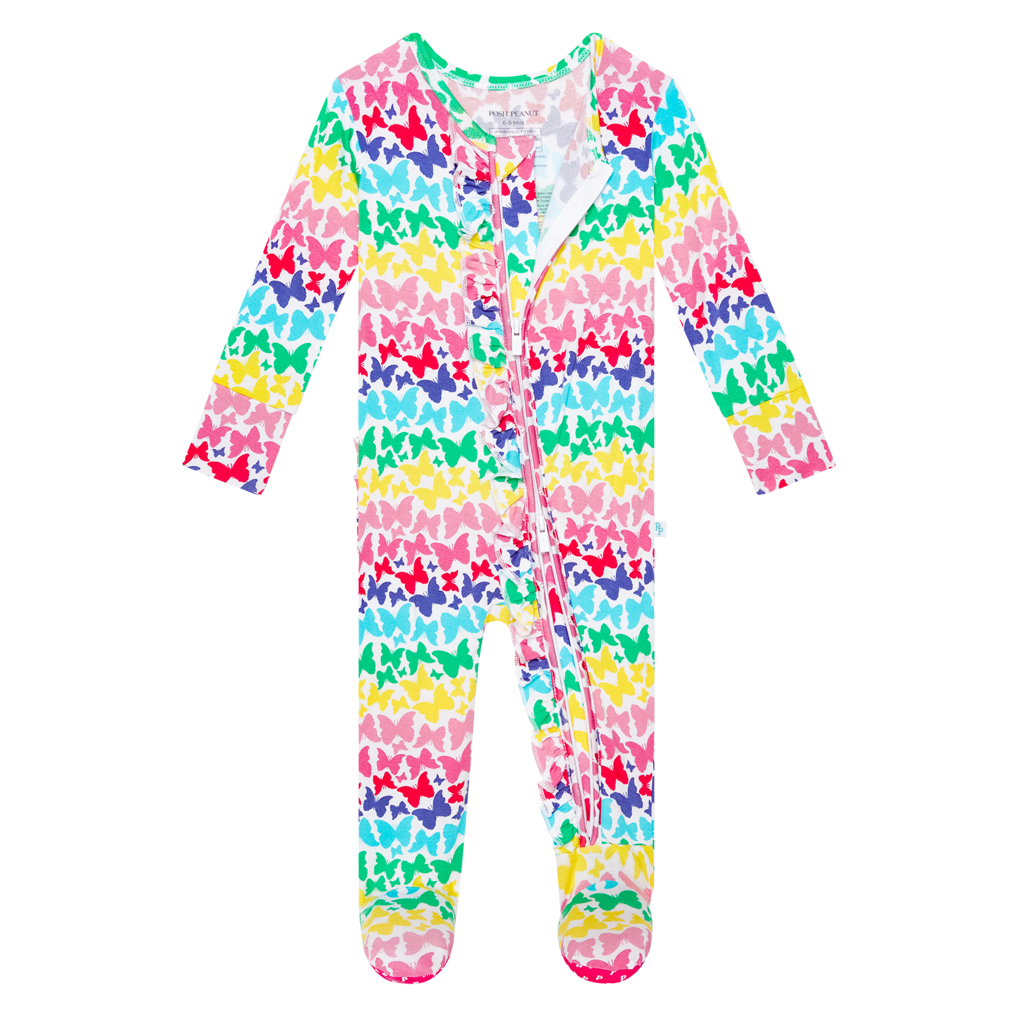 Posh Peanut Bamboo RUFFLED Zippered Footie -  Rainbow Butterfly