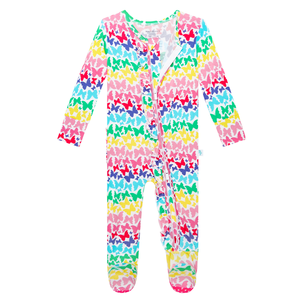 Posh Peanut Bamboo RUFFLED Zippered Footie -  Rainbow Butterfly