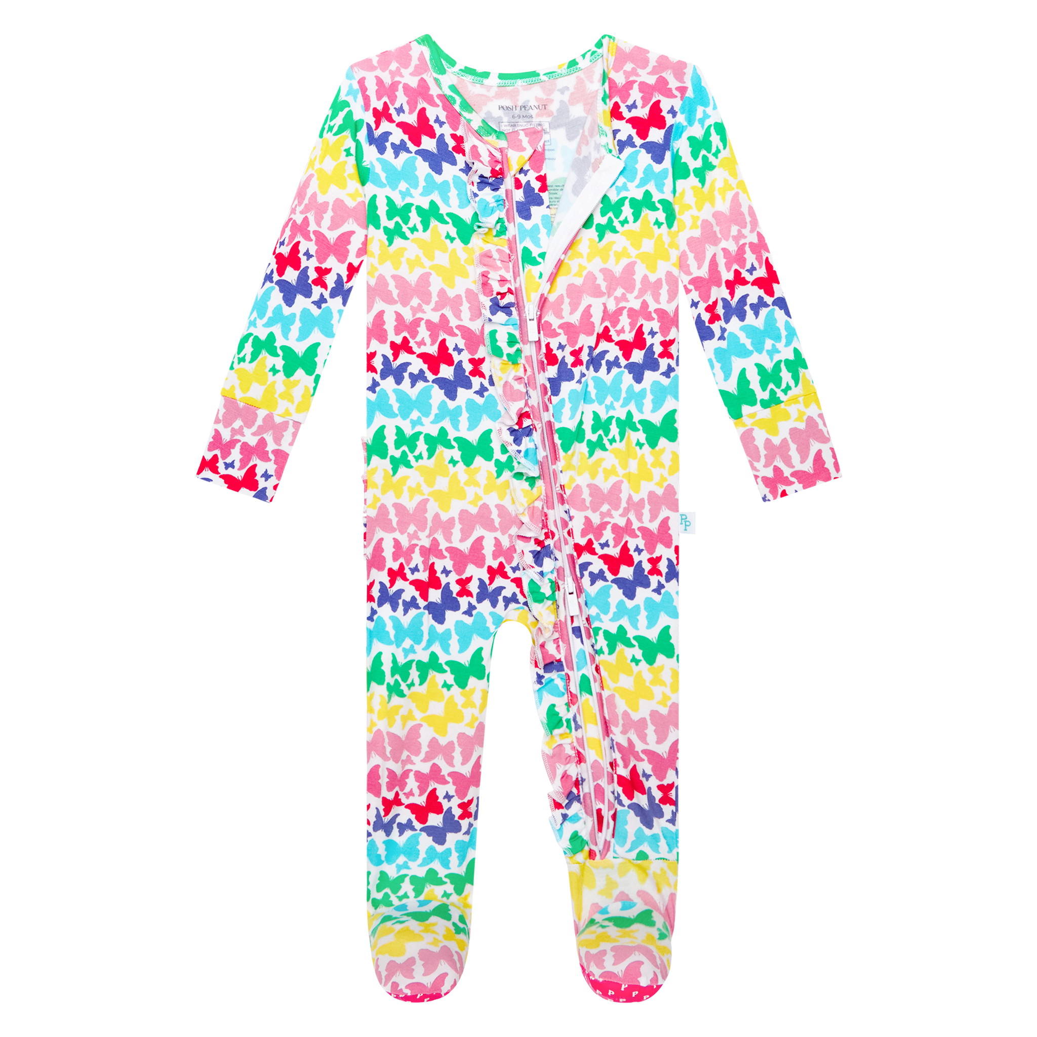 Posh Peanut Bamboo RUFFLED Zippered Footie -  Rainbow Butterfly