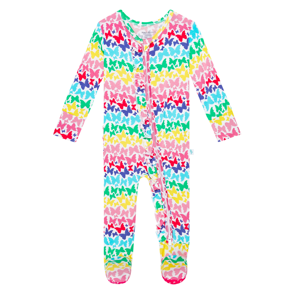 Posh Peanut Bamboo RUFFLED Zippered Footie -  Rainbow Butterfly
