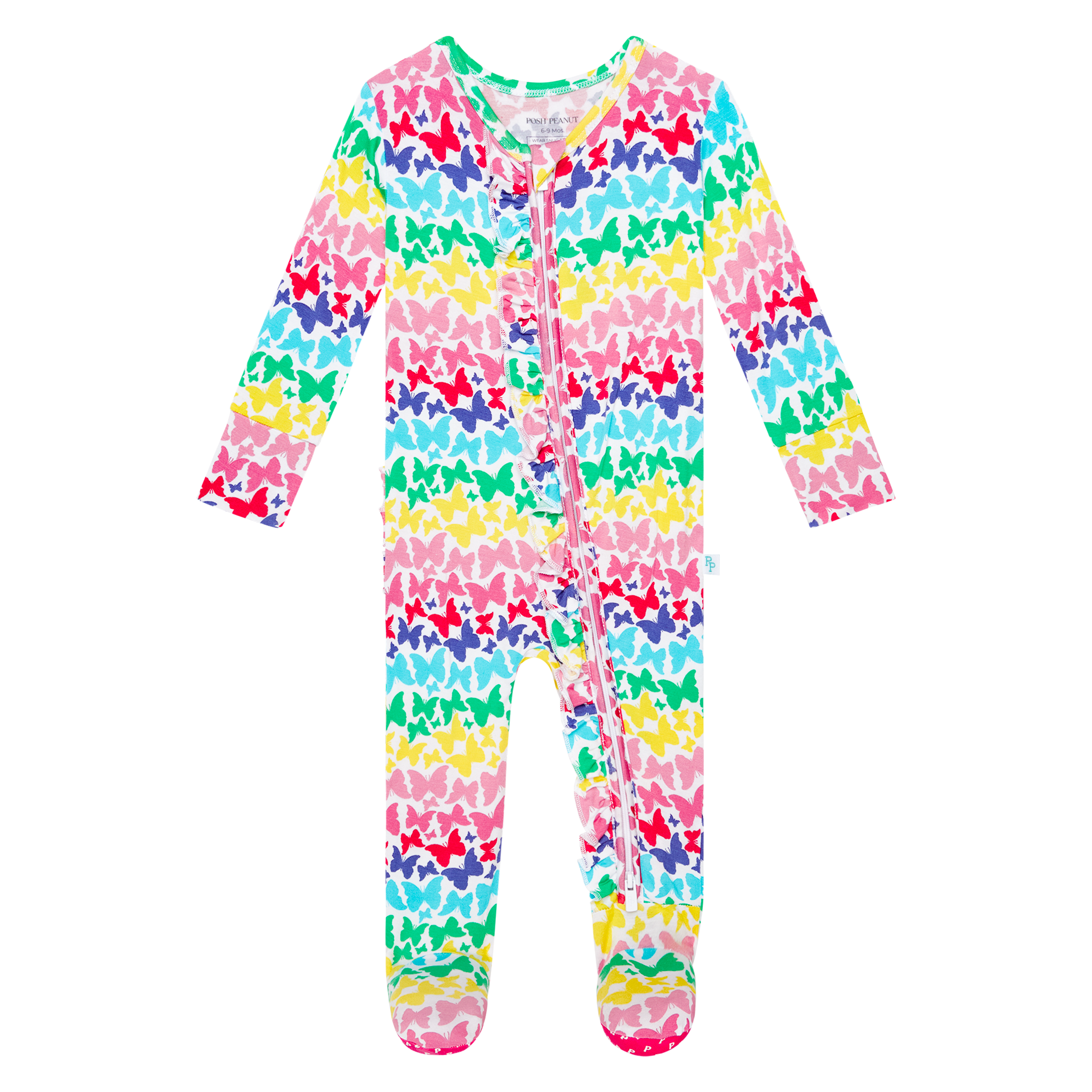 Posh Peanut Bamboo RUFFLED Zippered Footie -  Rainbow Butterfly