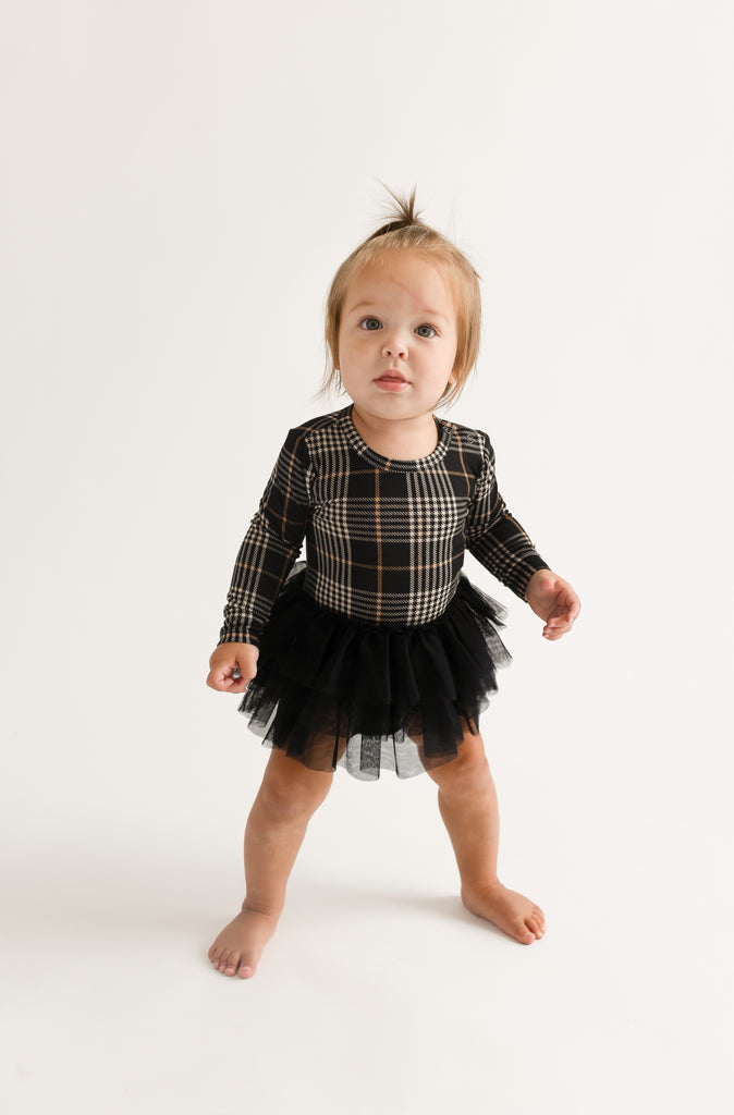 Posh Peanut Bamboo L/S Tulle Skirt Twirl Bodysuit Dress - Sanders Black Plaid