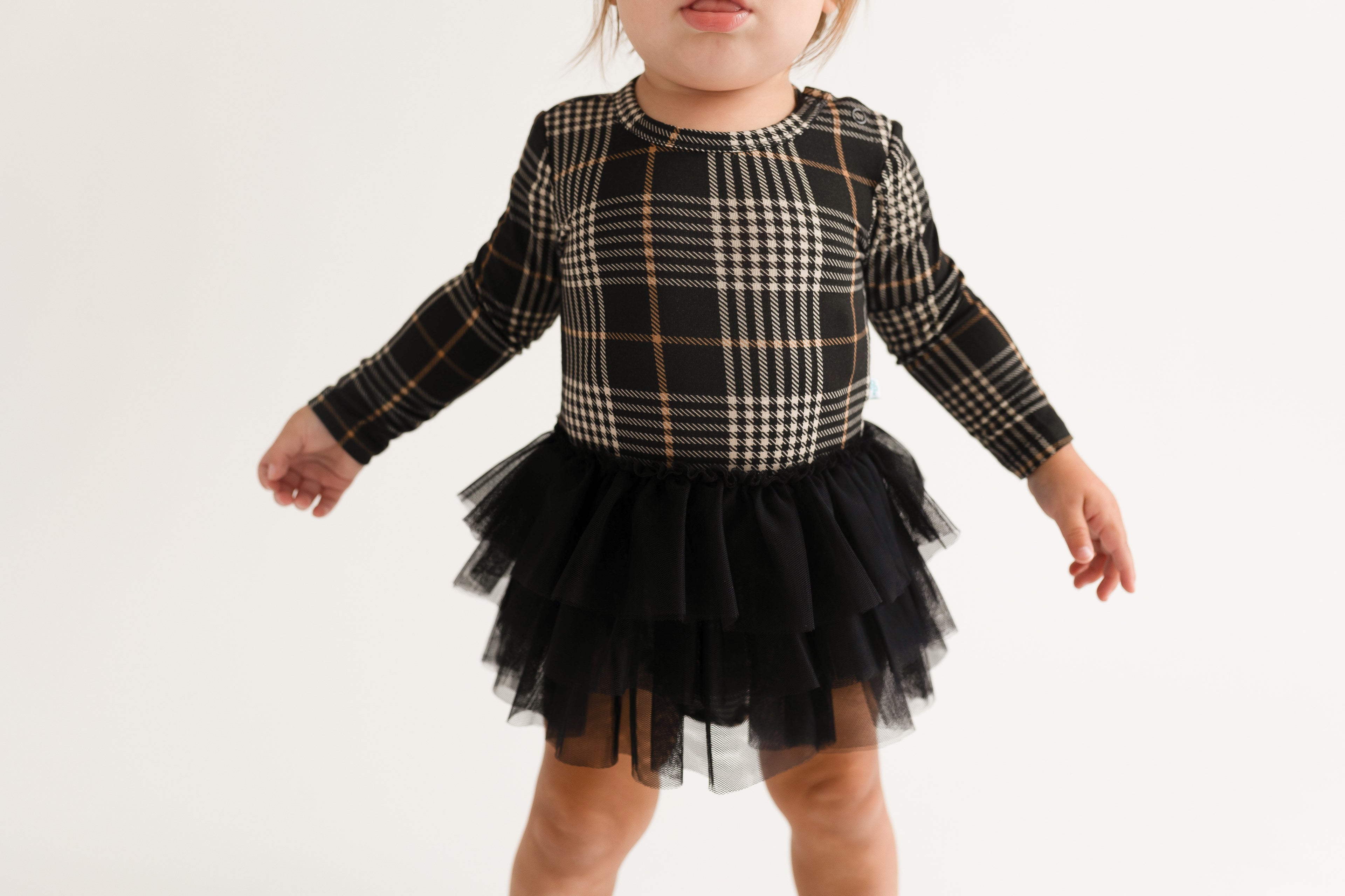 Posh Peanut Bamboo L/S Tulle Skirt Twirl Bodysuit Dress - Sanders Black Plaid