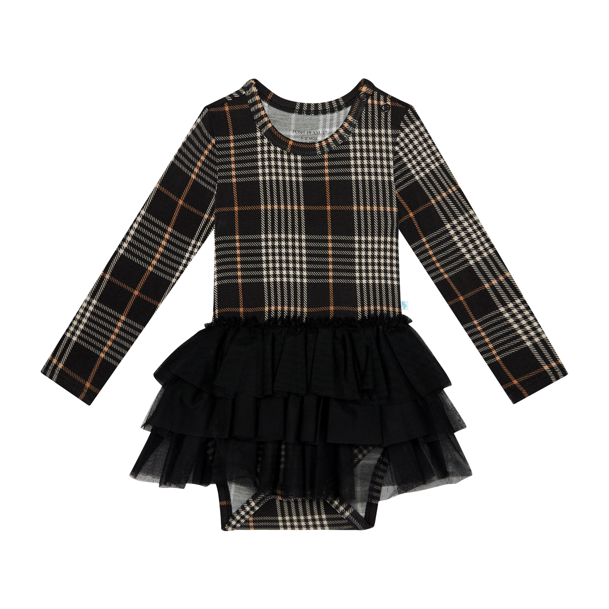 Posh Peanut Bamboo L/S Tulle Skirt Twirl Bodysuit Dress - Sanders Black Plaid