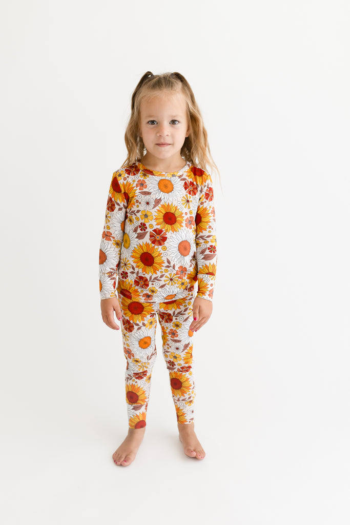 Posh Peanut Bamboo Kids L/S 2PC Basic PJ Lounge Set - Goldie Burnt Orange Retro Flowers