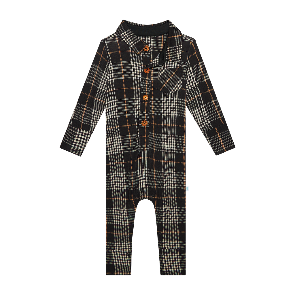 Posh Peanut Bamboo L/S Collared Henley Long Romper - Sanders Black Plaid