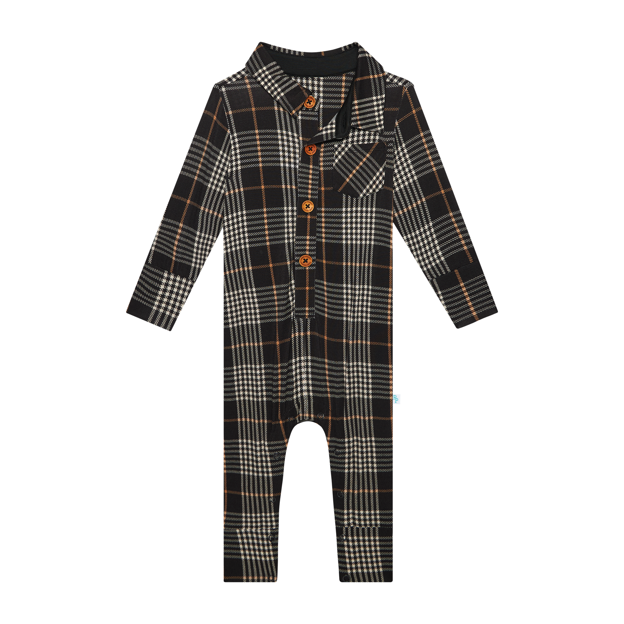 Posh Peanut Bamboo L/S Collared Henley Long Romper - Sanders Black Plaid