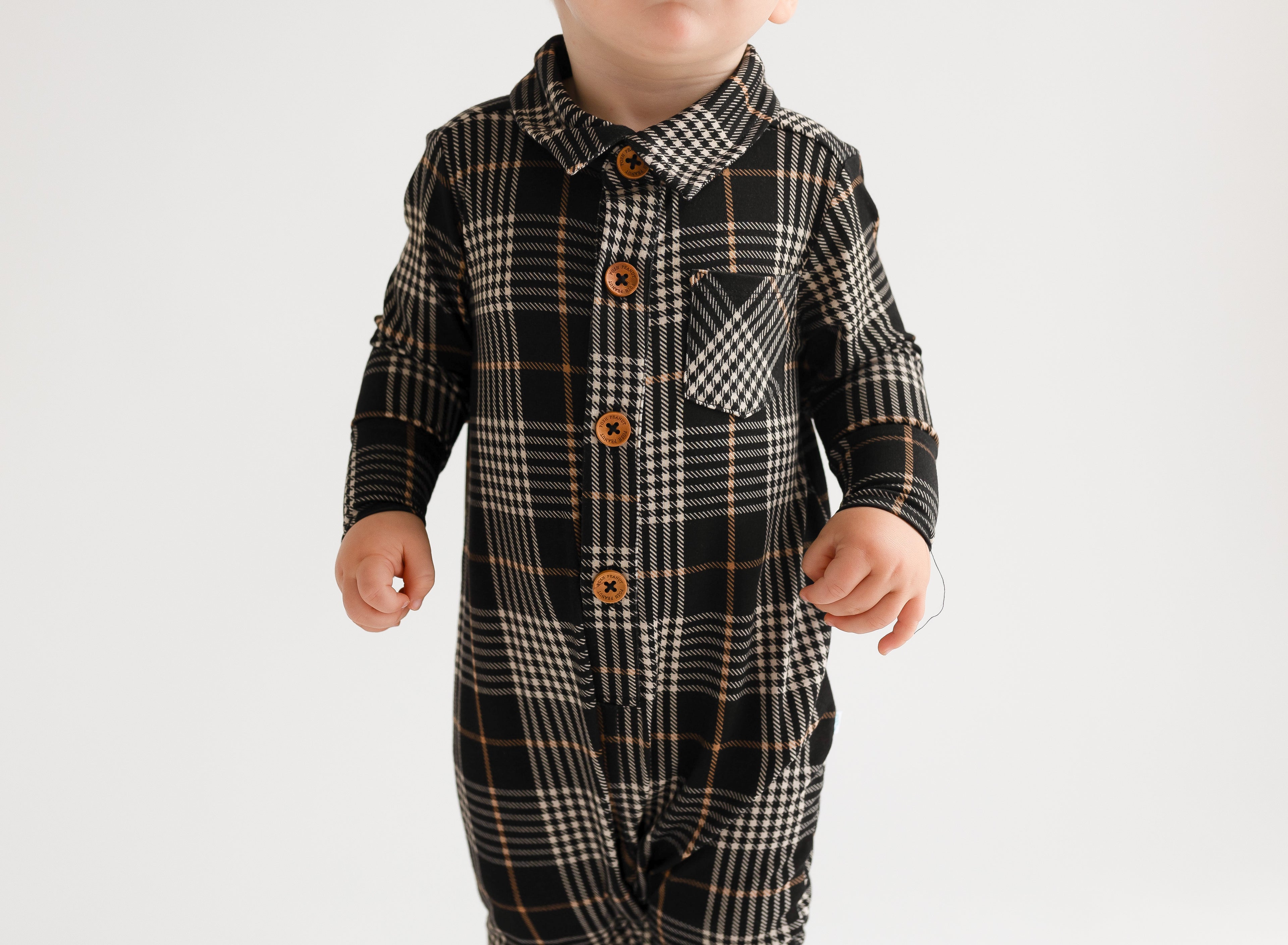 Posh Peanut Bamboo L/S Collared Henley Long Romper - Sanders Black Plaid
