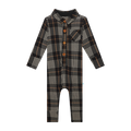 Posh Peanut Bamboo L/S Collared Henley Long Romper - Sanders Black Plaid