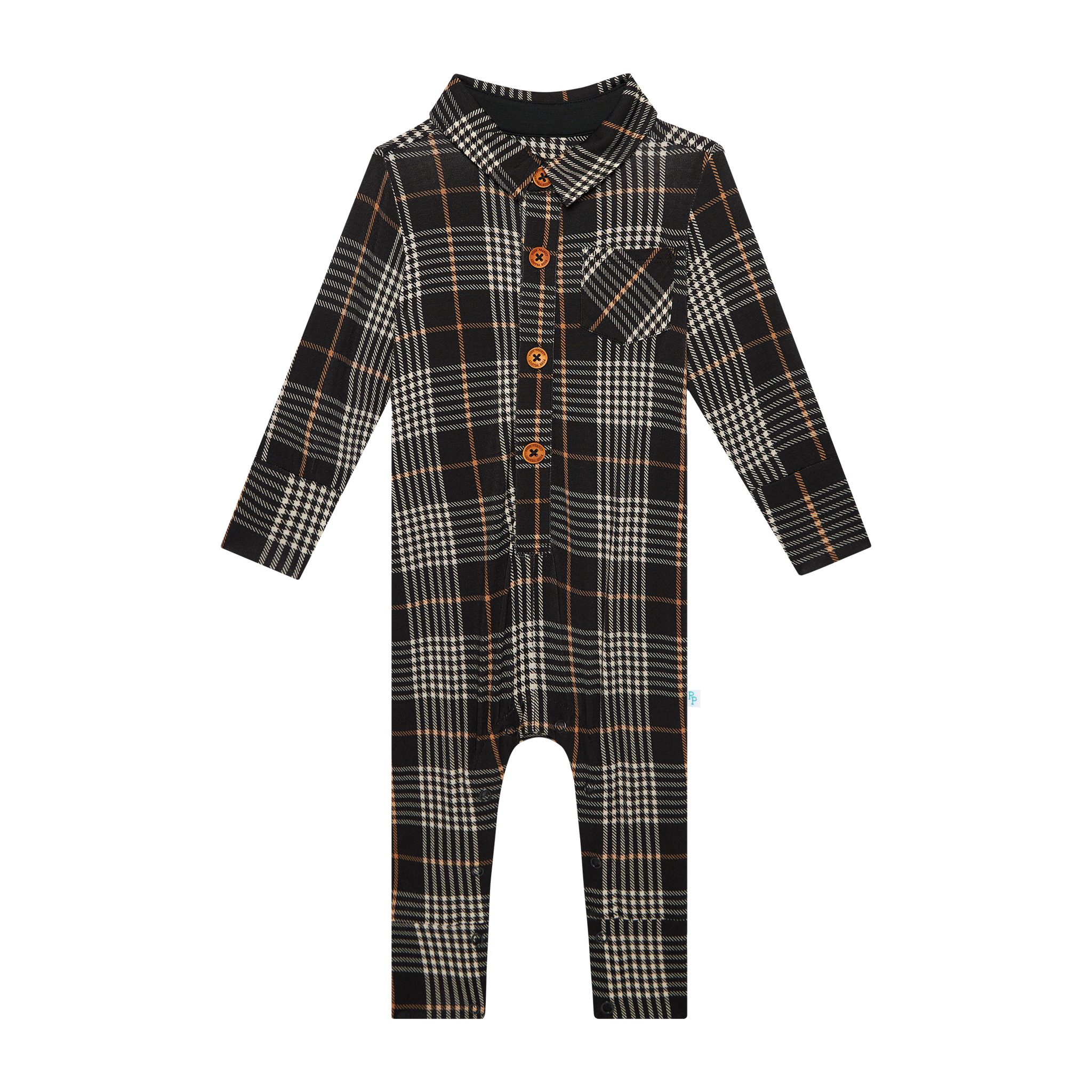 Posh Peanut Bamboo L/S Collared Henley Long Romper - Sanders Black Plaid
