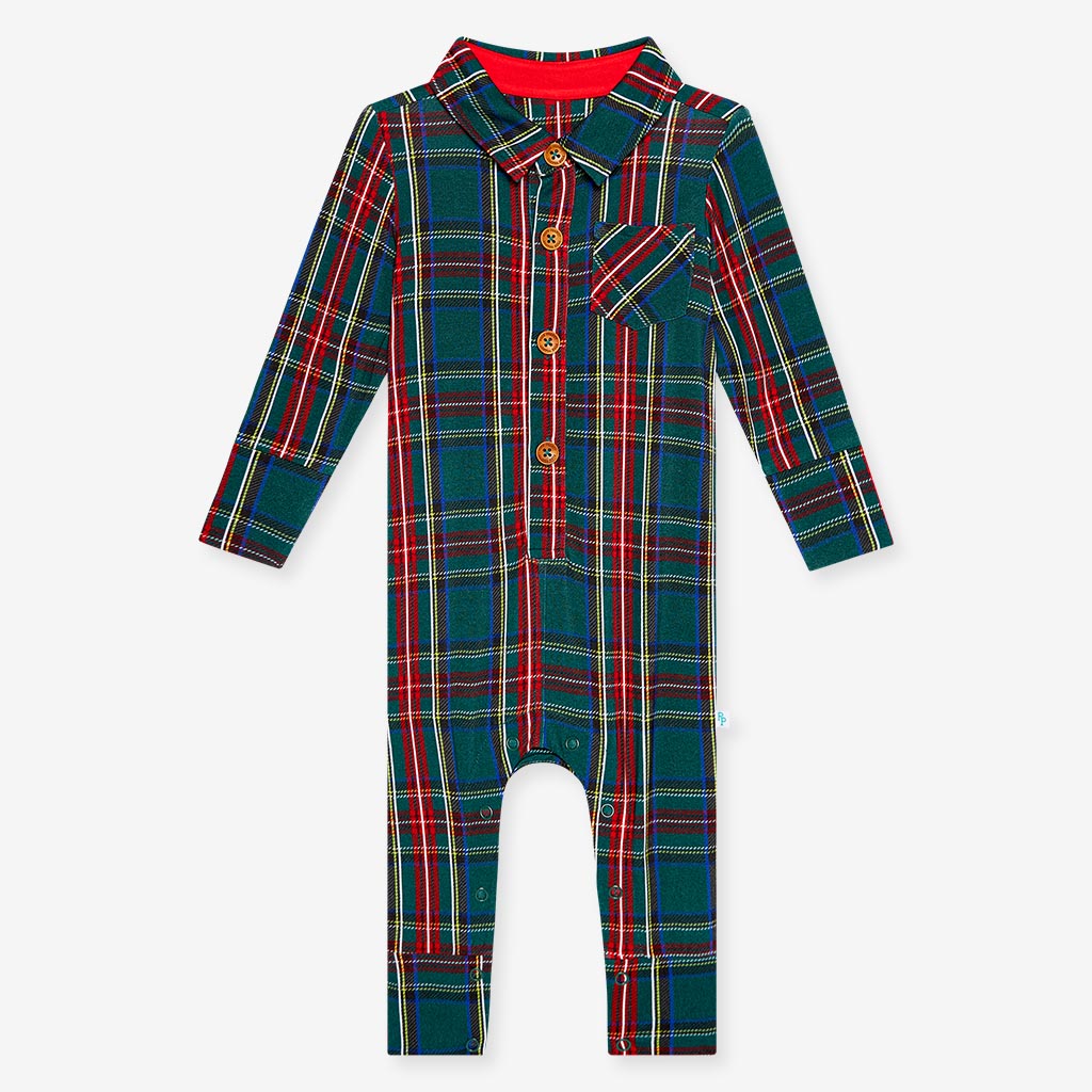Posh Peanut Bamboo L/S Collared Henley Long Romper - Tartan Plaid