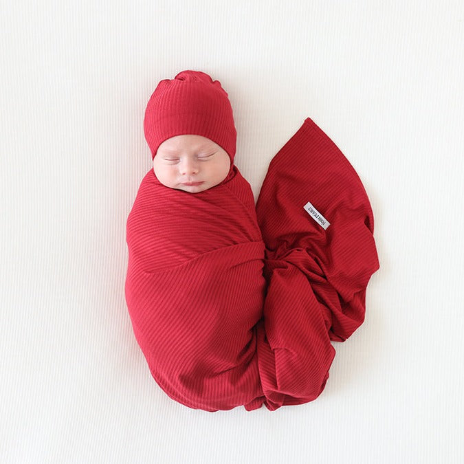 Posh Peanut Ribbed Bamboo Beanie Hat & Swaddle Set - UNISEX Solid Dark Red