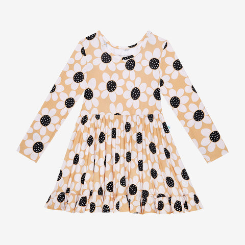 Posh Peanut Ribbed Bamboo L/S Ruffled Twirl Dress - Reagan Neutral Sunflowers