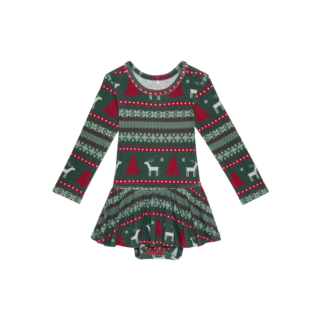 Posh Peanut Bamboo L/S Basic Twirl Skirt Bodysuit Dress - Holiday Fair Isle