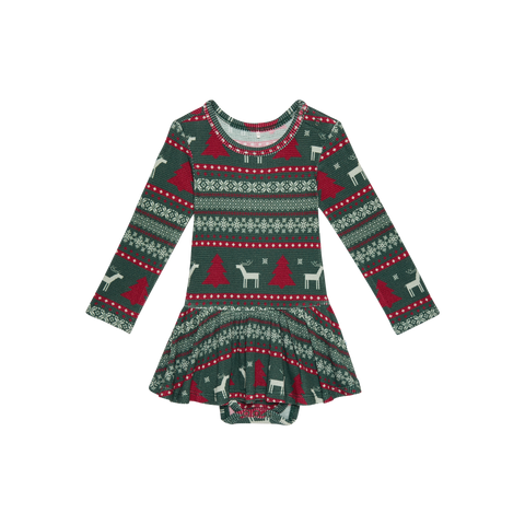 Posh Peanut Bamboo L/S Basic Twirl Skirt Bodysuit Dress - Holiday Fair Isle