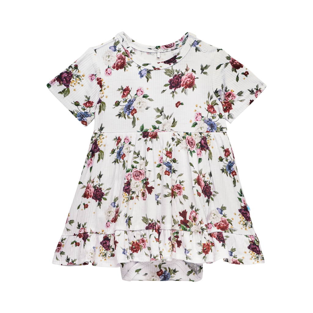 Posh Peanut Bamboo Ribbed S/S Ruffled Bodysuit Dress - Philippa Vintage Floral