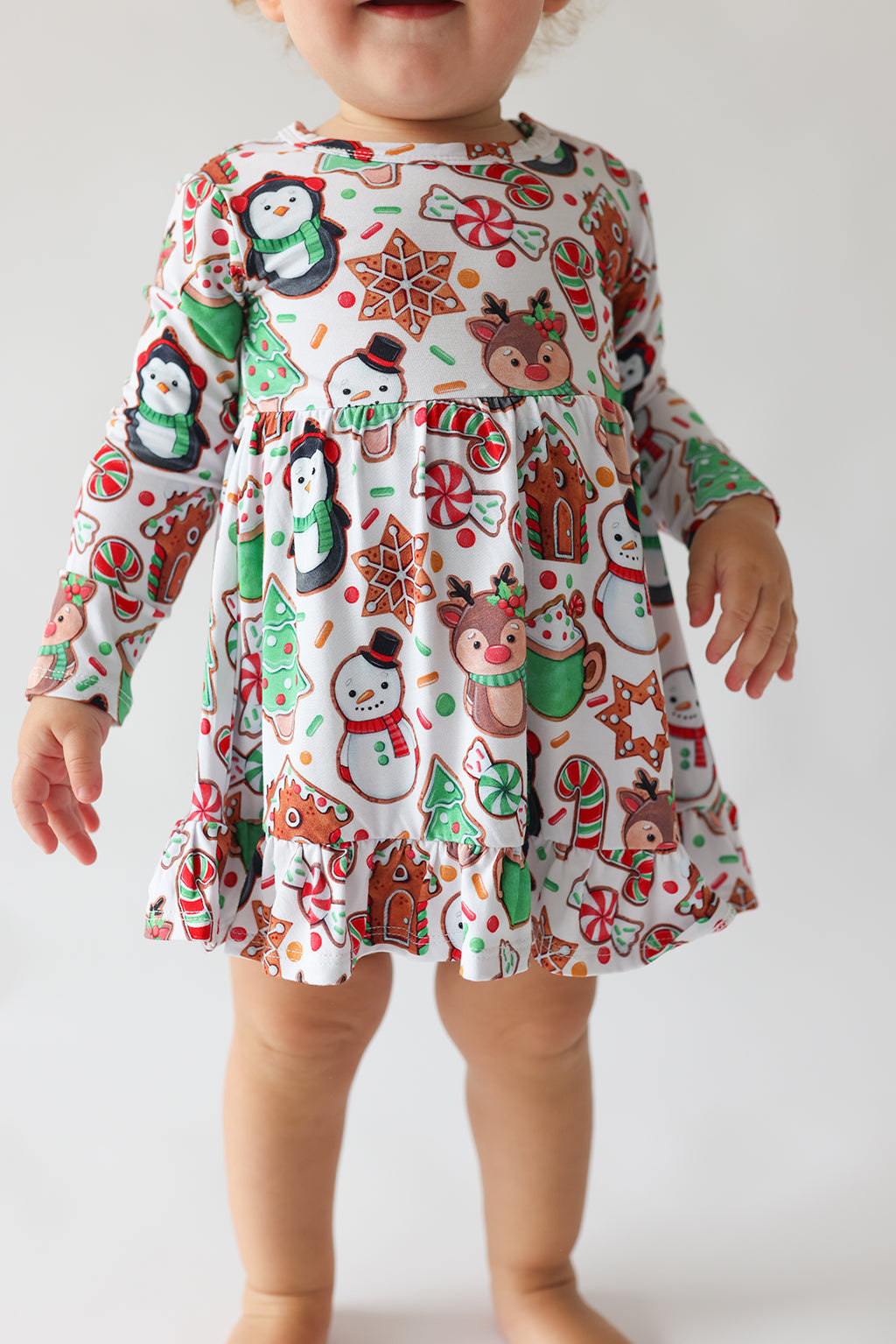 Posh Peanut Bamboo L/S Ruffled Bodysuit Dress - Cookie Medley