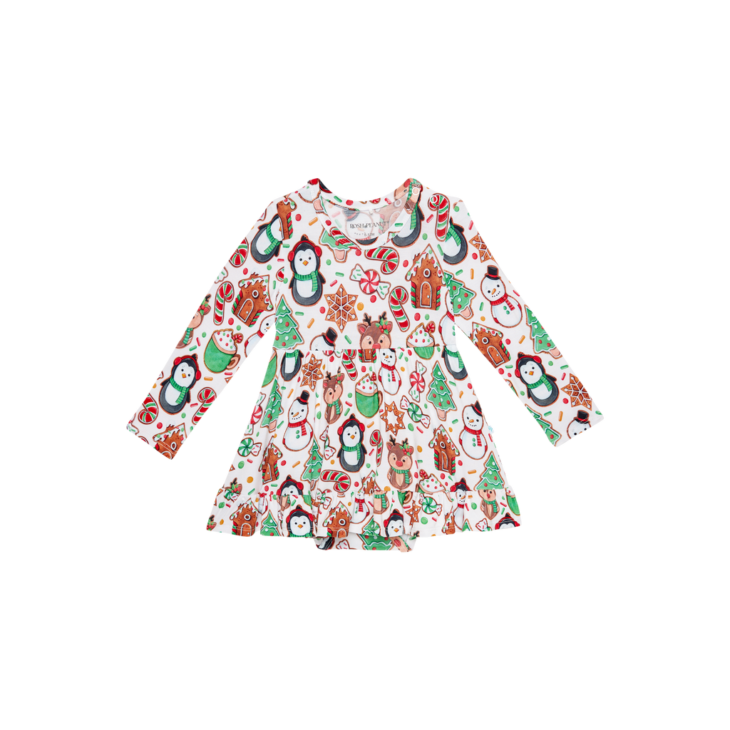 Posh Peanut Bamboo L/S Ruffled Bodysuit Dress - Cookie Medley