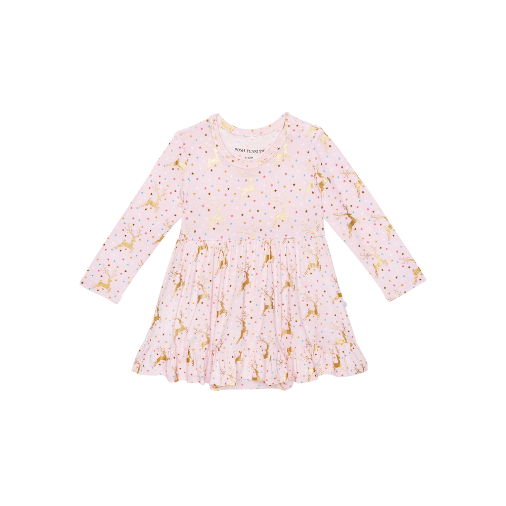 Posh Peanut Bamboo L/S Ruffled Bodysuit Dress - Ryleigh Gold Foil Reindeer