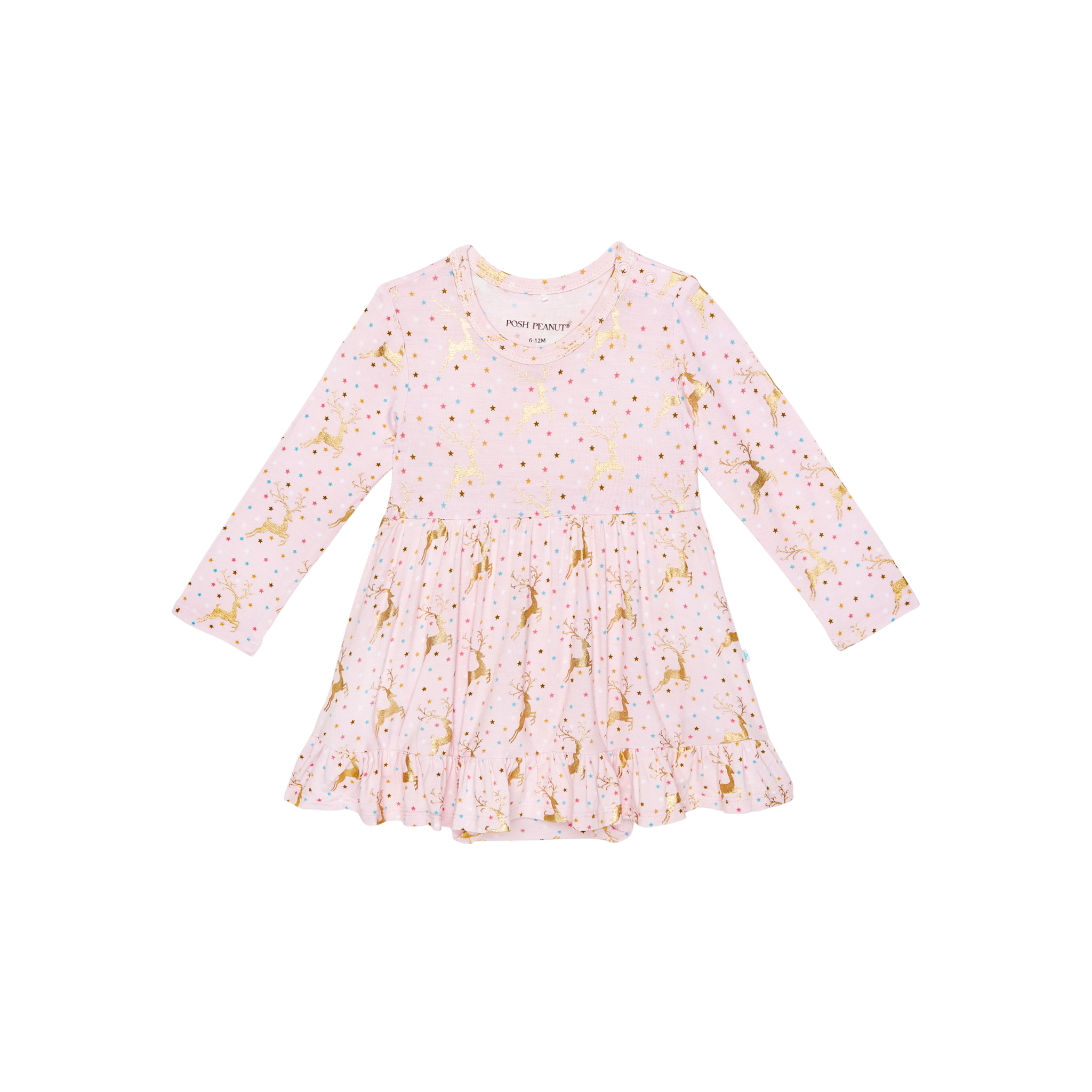 Posh Peanut Bamboo L/S Ruffled Bodysuit Dress - Ryleigh Gold Foil Reindeer