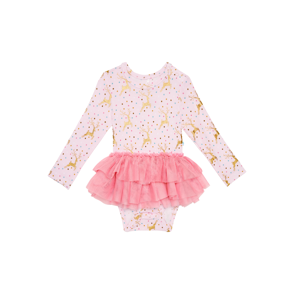 Posh Peanut Bamboo L/S Tulle Skirt Bodysuit Dress - Ryleigh Gold Foil Reindeer