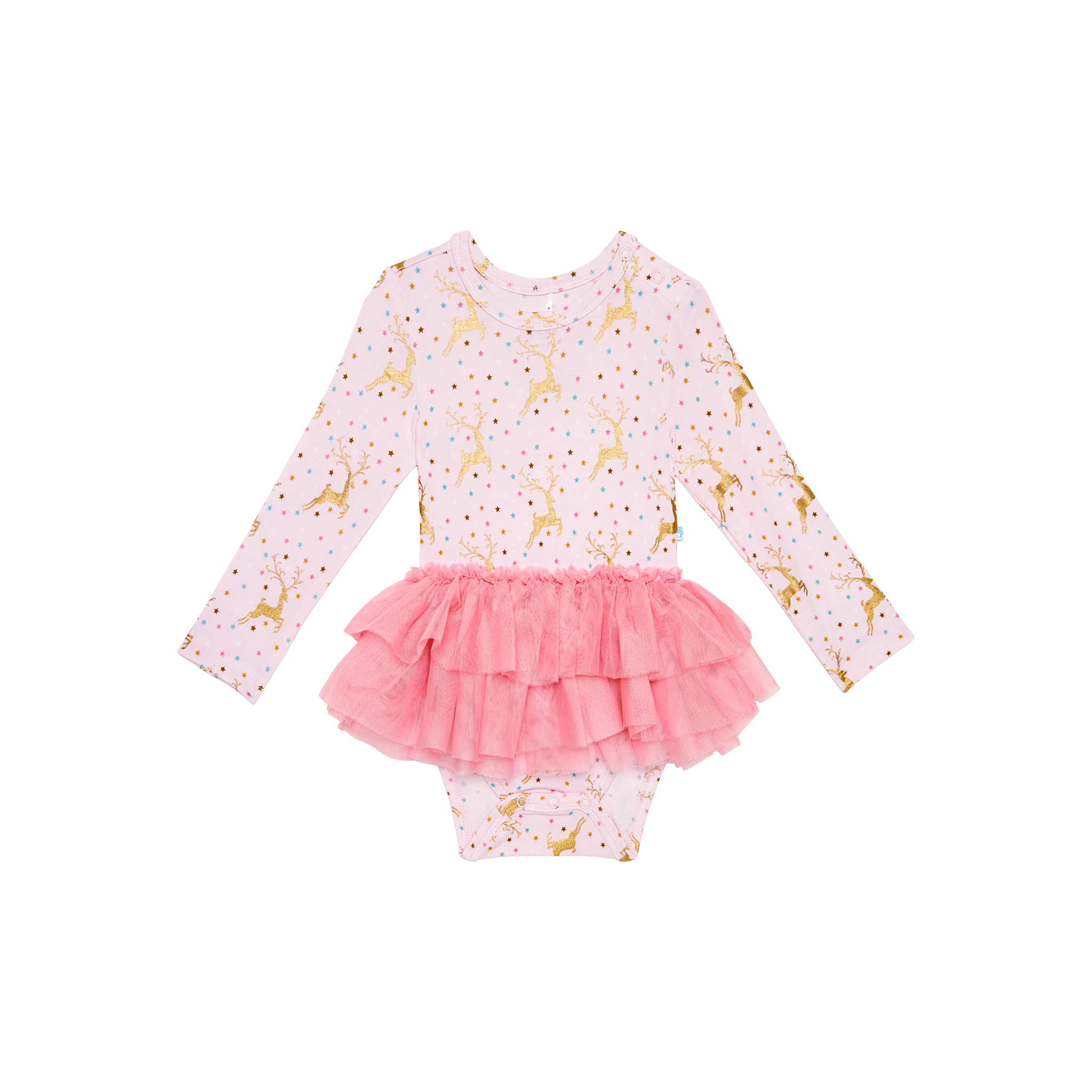 Posh Peanut Bamboo L/S Tulle Skirt Bodysuit Dress - Ryleigh Gold Foil Reindeer