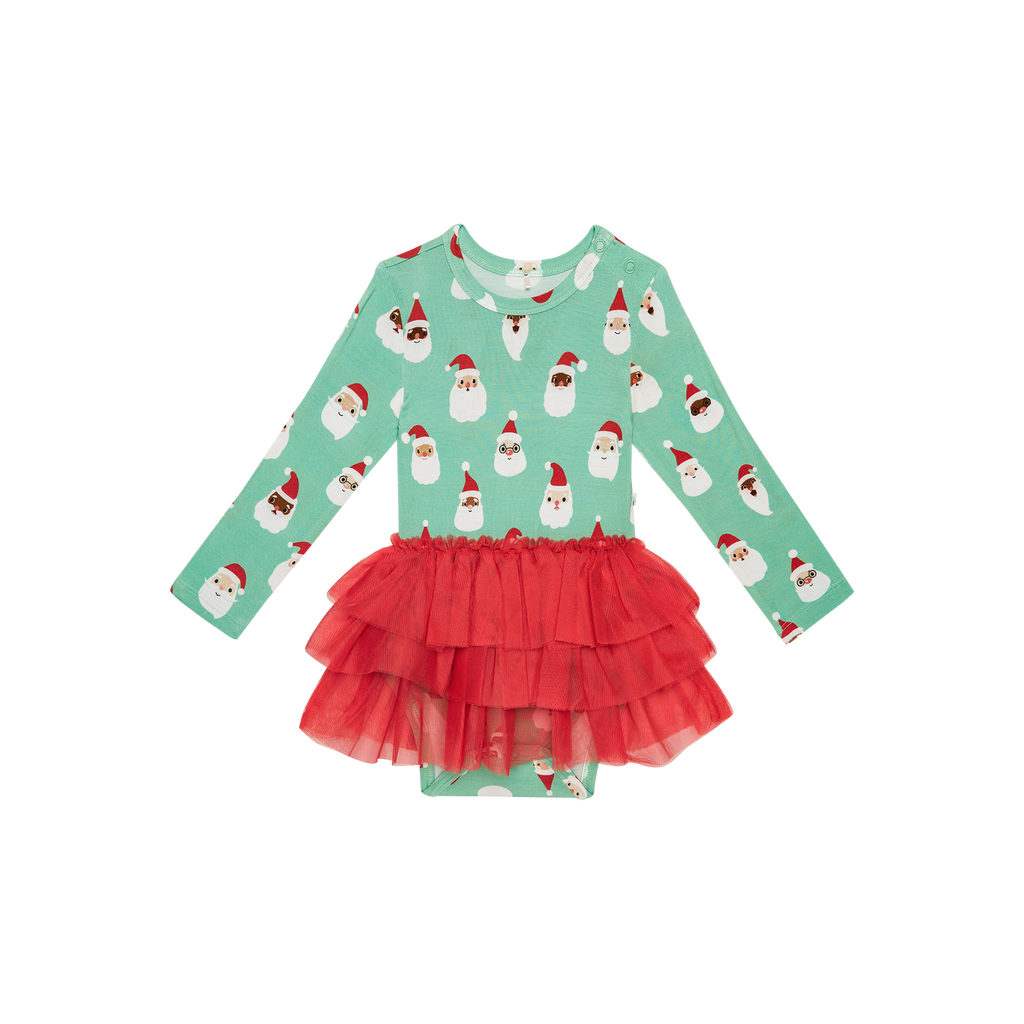 Posh Peanut Bamboo L/S Tulle Skirt Bodysuit Dress - Santa Medley