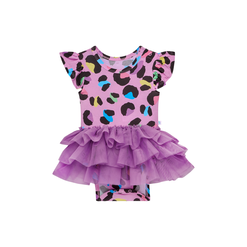 Posh Peanut Bamboo Capsleeve Tulle Skirt Bodysuit Dress - Electric Leopard