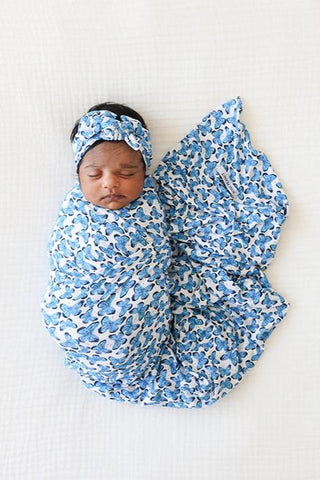 Posh Peanut Bamboo Swaddle Blanket & Lux Headband Bow Set - Nayeli Blue Butterfly