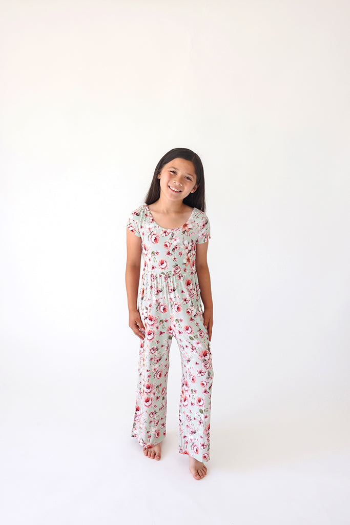 Posh Peanut Bamboo S/S Scoop Back Wide Leg Jumpsuit w/Pockets - Millicent Pistachio Floral