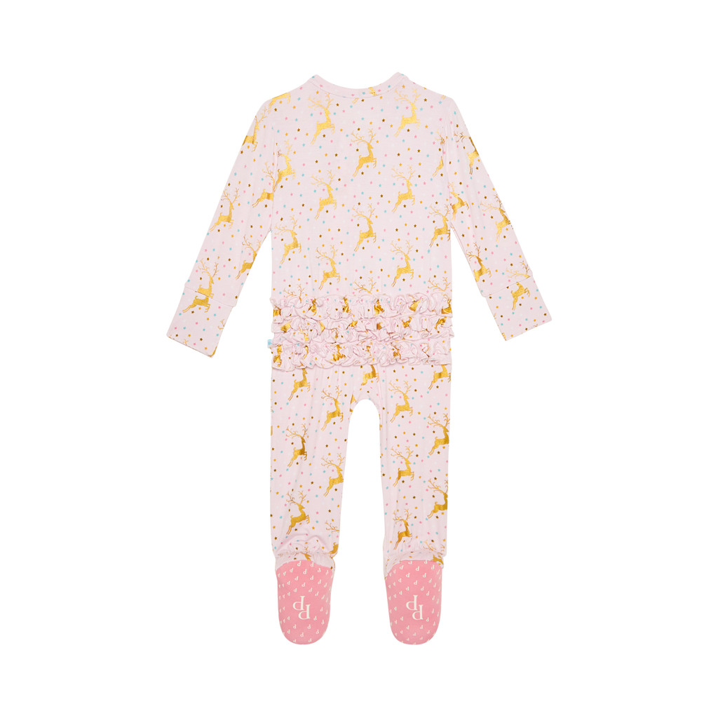 Posh Peanut Bamboo Ribbed RUFFLED Footie Zippered -  Ryleigh Gold Foil Reindeer