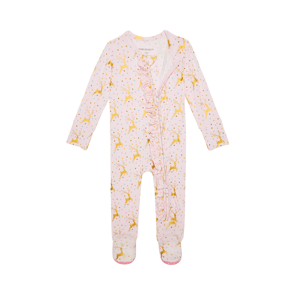 Posh Peanut Bamboo Ribbed RUFFLED Footie Zippered -  Ryleigh Gold Foil Reindeer