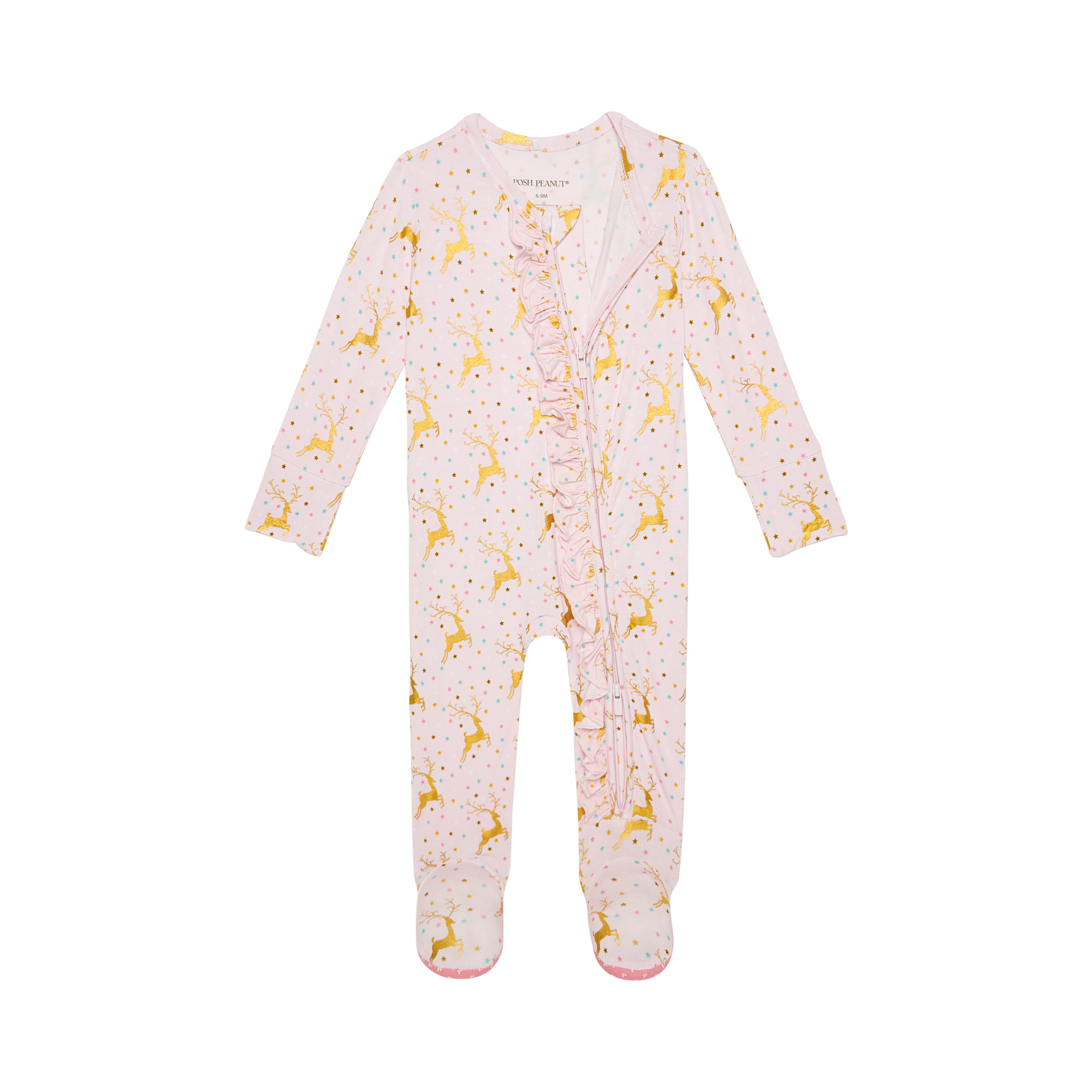 Posh Peanut Bamboo Ribbed RUFFLED Footie Zippered -  Ryleigh Gold Foil Reindeer