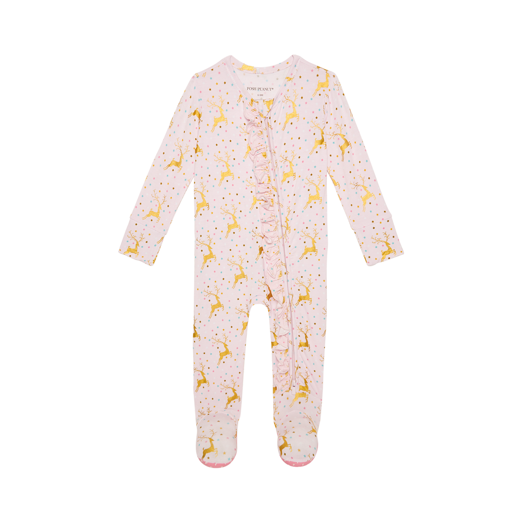Posh Peanut Bamboo Ribbed RUFFLED Footie Zippered -  Ryleigh Gold Foil Reindeer