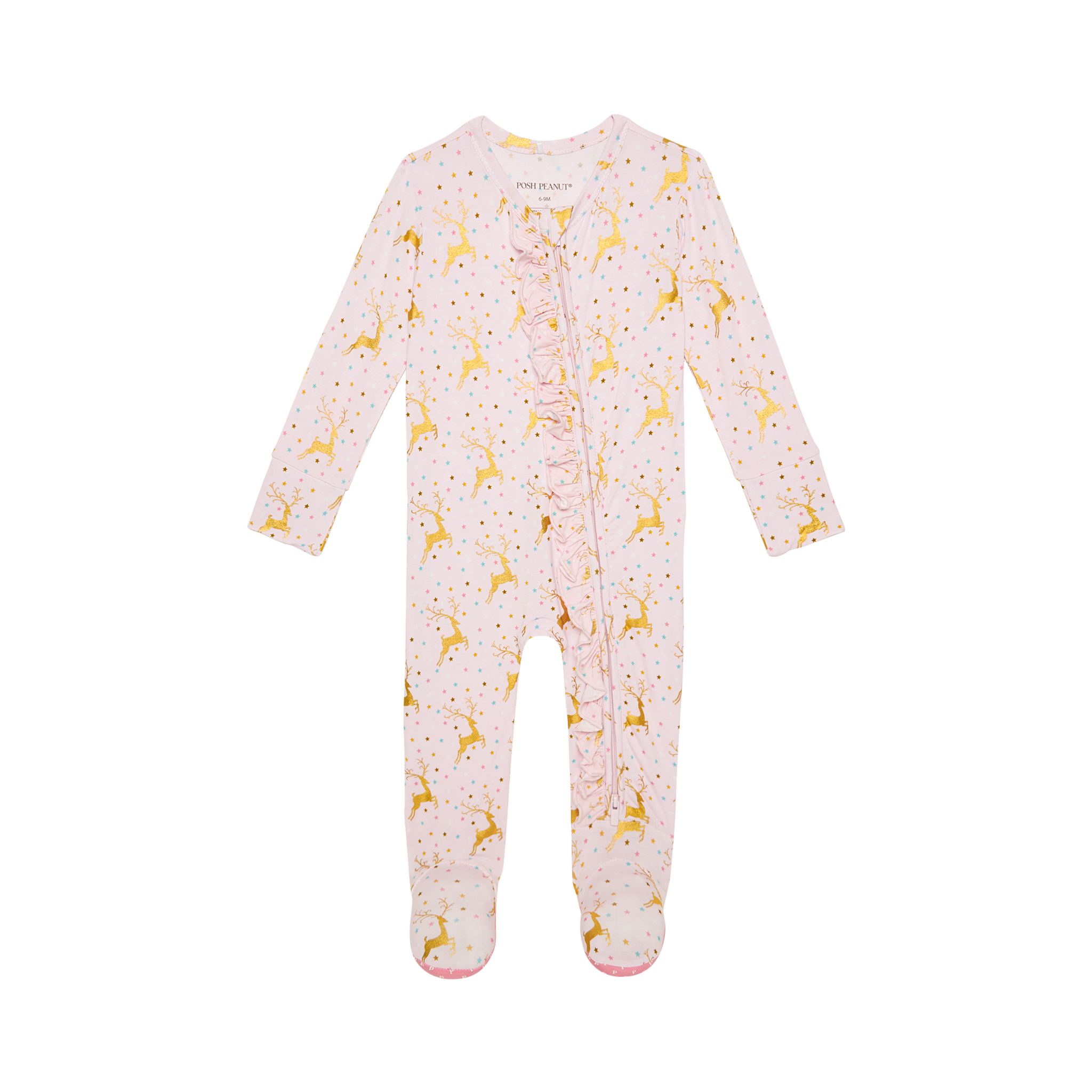 Posh Peanut Bamboo Ribbed RUFFLED Footie Zippered -  Ryleigh Gold Foil Reindeer